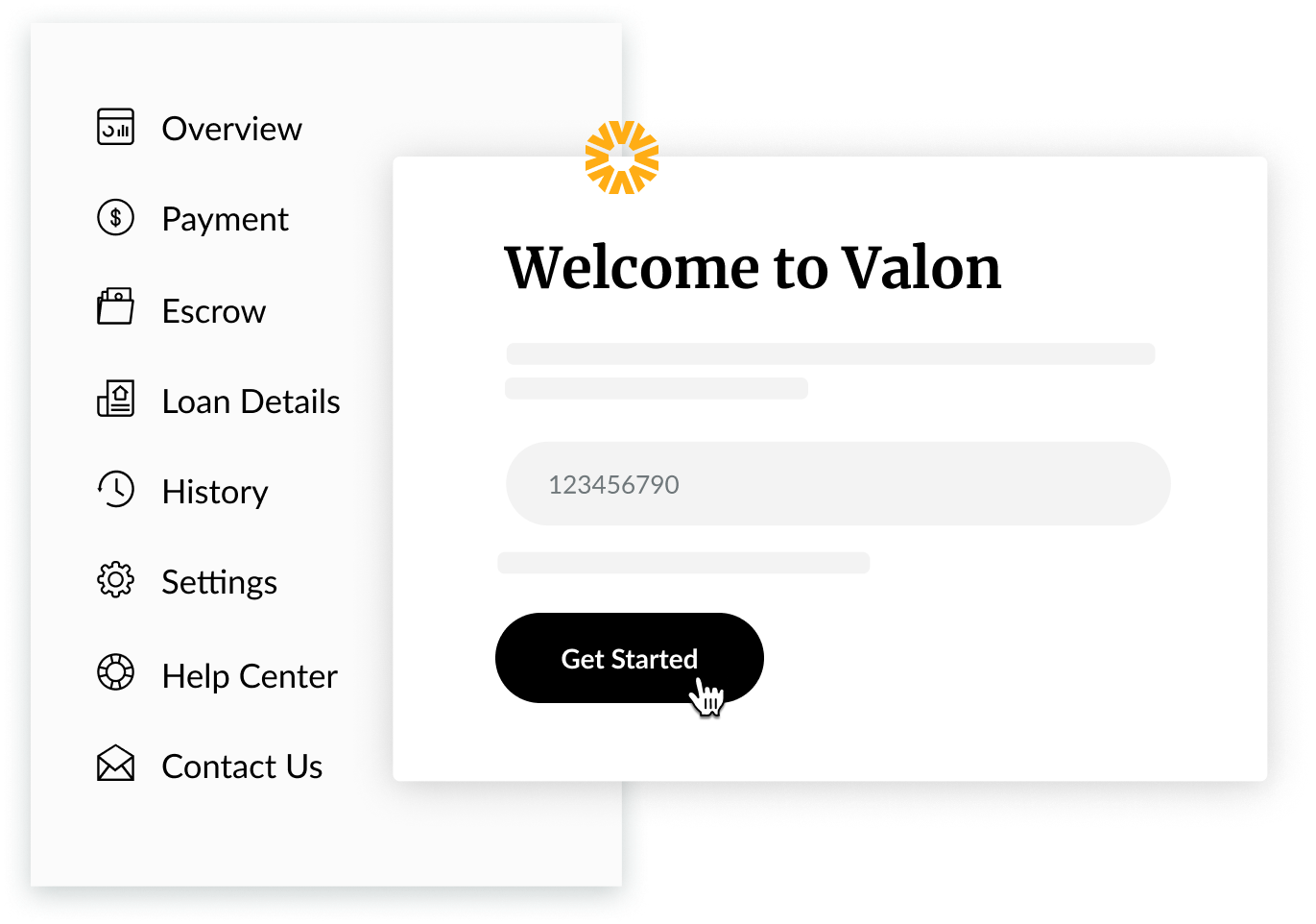 Collage of the homeowner dashboard navigation bar options, below a card that says "Welcome to Valon" and "Get Started".